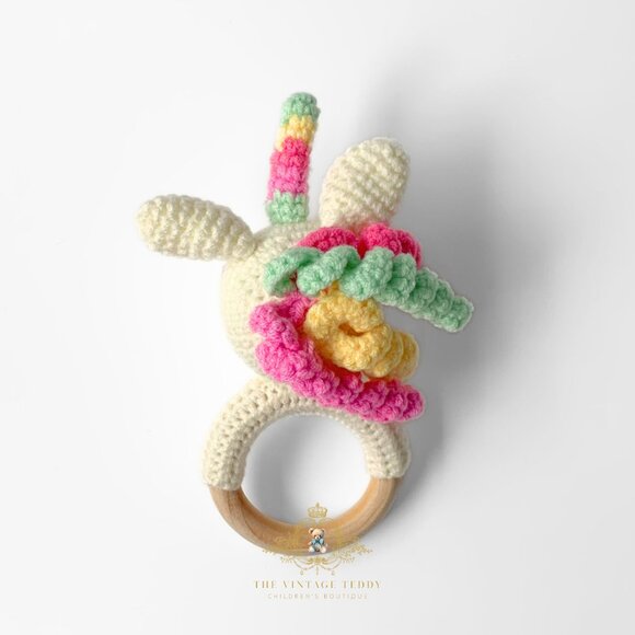 NWT - Cute Handmade Crochet Unicorn Baby Rattle Baby & Toddler Wooden Plush Toy - Picture 2 of 3
